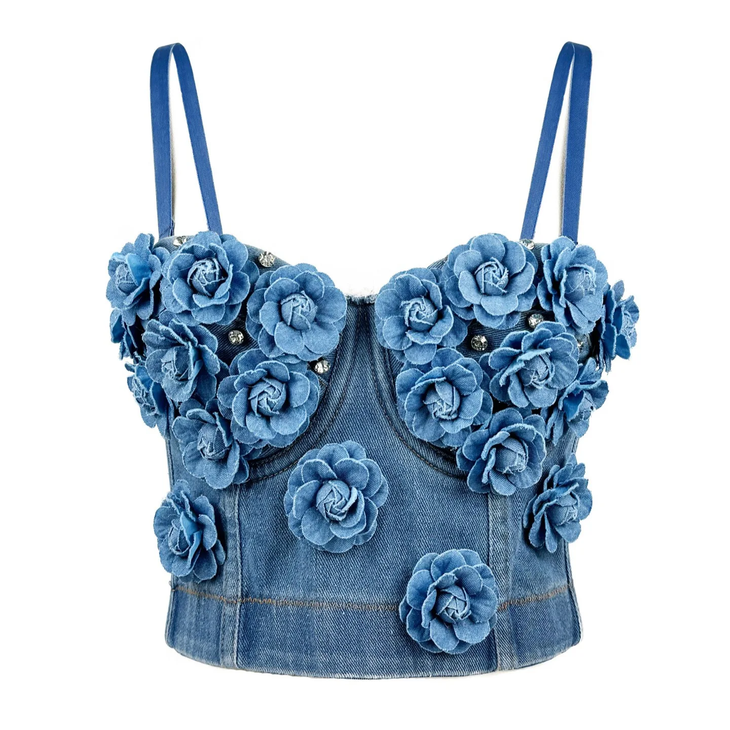 

2024 Summer Women's Handmade 3D Floral Denim Corset Bra Top Fishbone Bustier No Elasticity Push Up Bra Sexy Bralette Lingerie