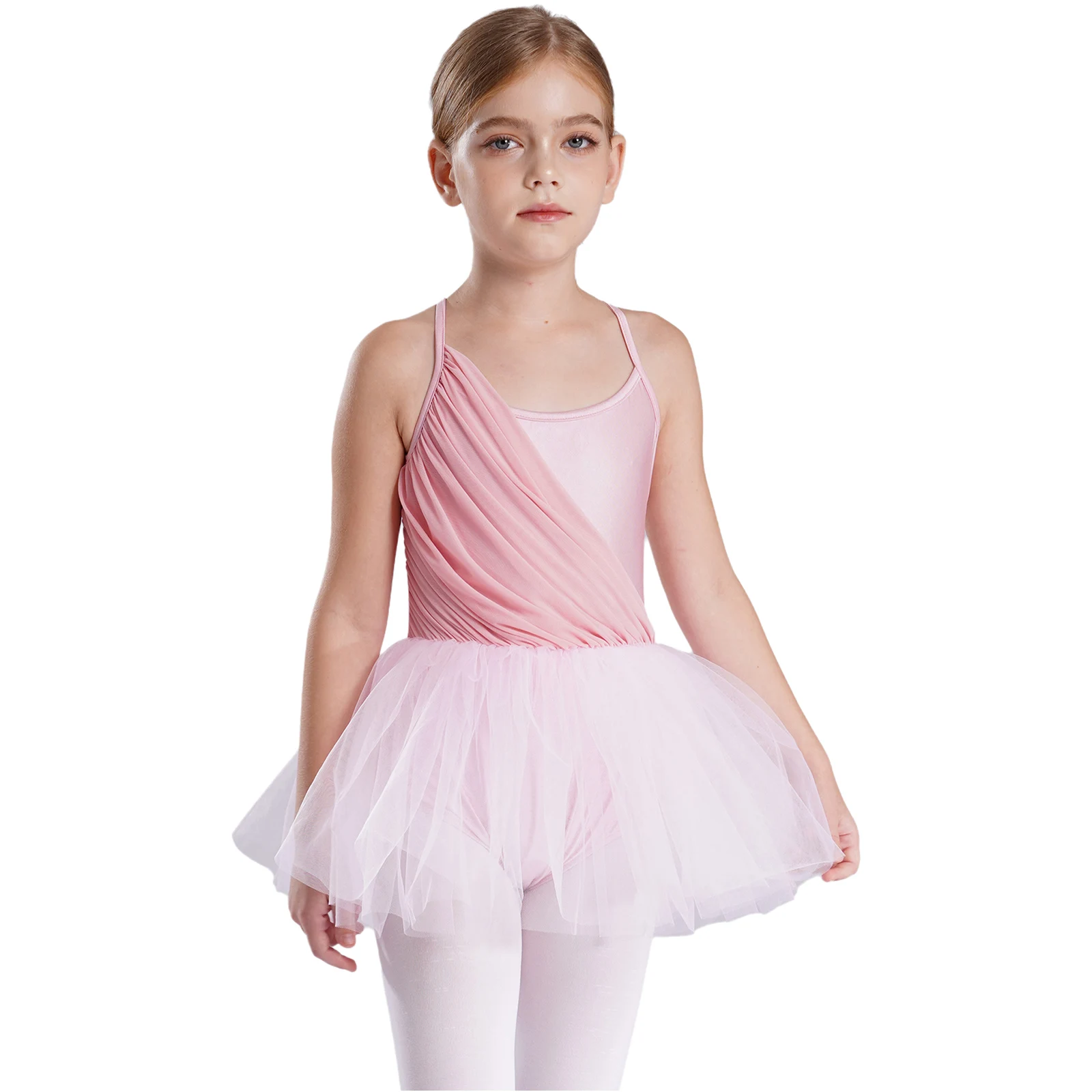 Kids Girls Ballet Dance Dress Sleeveless Ruched Mesh Layered Tutu Dress Gymnastics Leotard Yoga Workout Dancing Practice Dresses