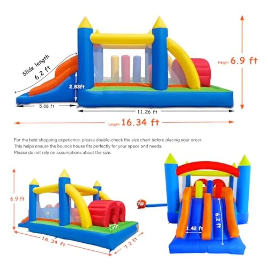 منزل ترتد العوائق القابل للنفخ للأطفال بطول 16.3 × 7.2 قدم مع شرائح سباق مزدوجة وأنفاق الزحف والتسلق والعوائق والقفز الكل في واحد