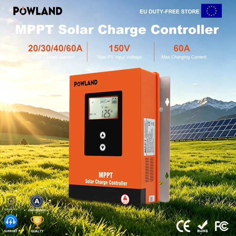 POWLAND – contrôleur de charge solaire MPPT, régulateur de tension automatique 12V 24V 48V, régulateur LCD pour le chargement de la batterie du panneau solaire