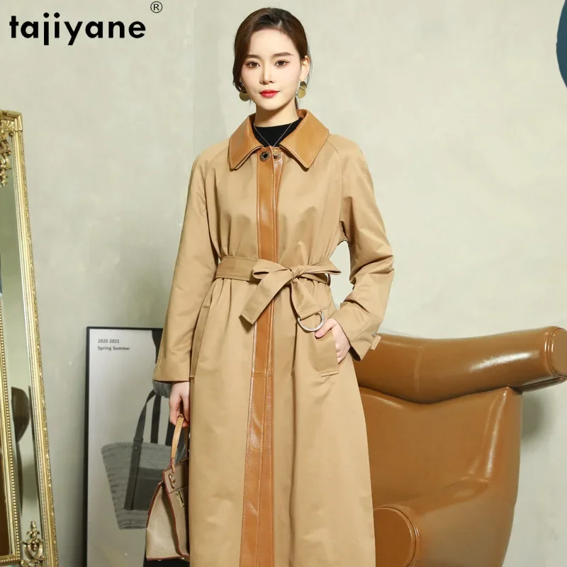 Giacca in vera pelle tagica donna elegante Trench da donna di media lunghezza tinta unita cappotti con giunture in pelle di pecora giacche in pelle