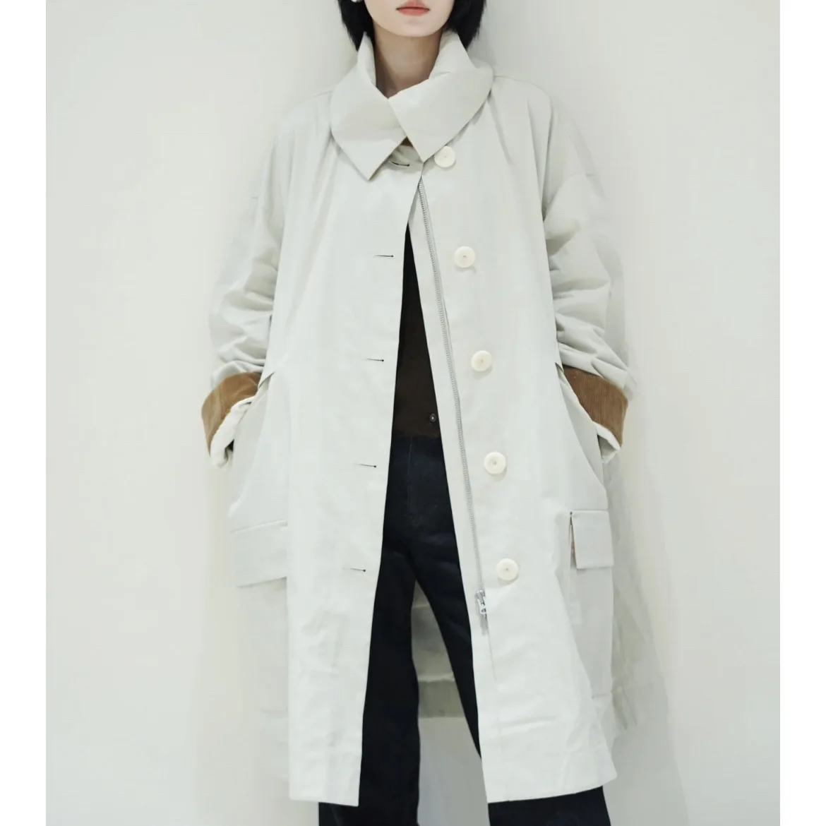 

Wax cotton twill parker trench coat women's medium and long loose coat design temperament jacket