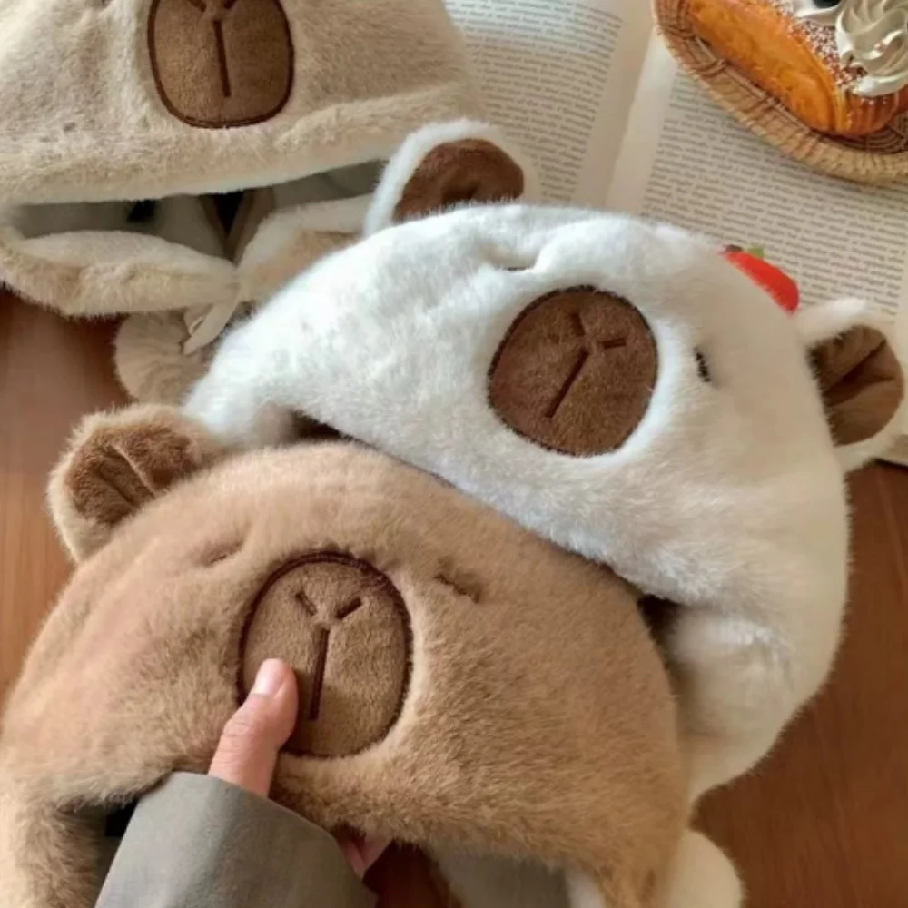 Capybara Plush Hat Cute Ear Hood Cartoon Pullover Hat Autumn Ley Feng Cap For Christmas Gift Cycling Winter Fashion