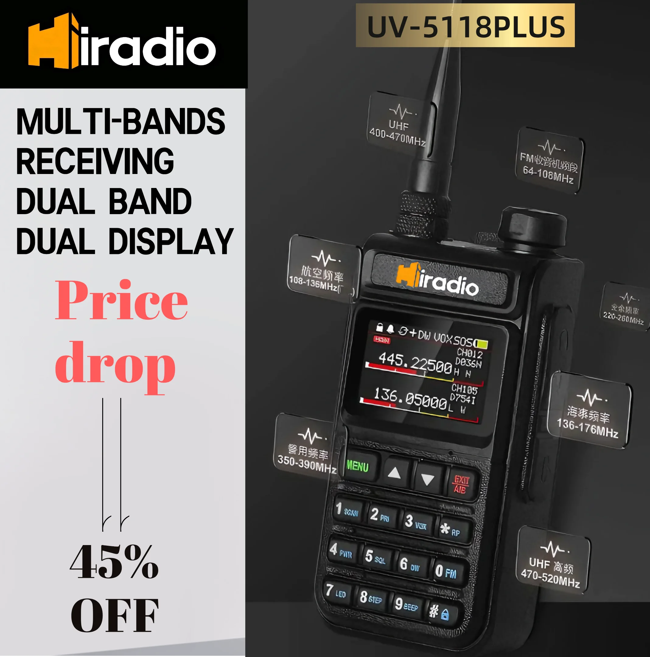 

Iradio UV-5118PLUS Full Band Ham Radio Amateur 2 Way Radio 999CH Walkie Talkie AM Air Aviation Band Color Scanner Marine NOAA FM