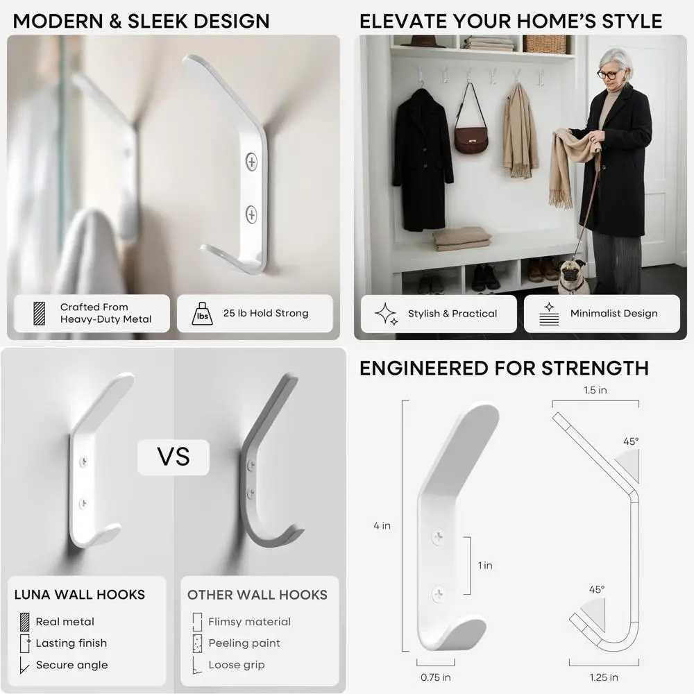 

6-Pack White Metal Wall Coat and Hat Hooks Set - Perfect for Hanging Clothes and Accessories