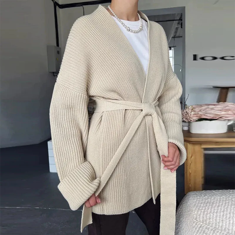 Casual Pit Streifen Gestrickte Spitze Up Strickjacken Herbst Winter Neue Einfarbig Langarm Pullover Dame Elegante V-ausschnitt Pendeln Jumper