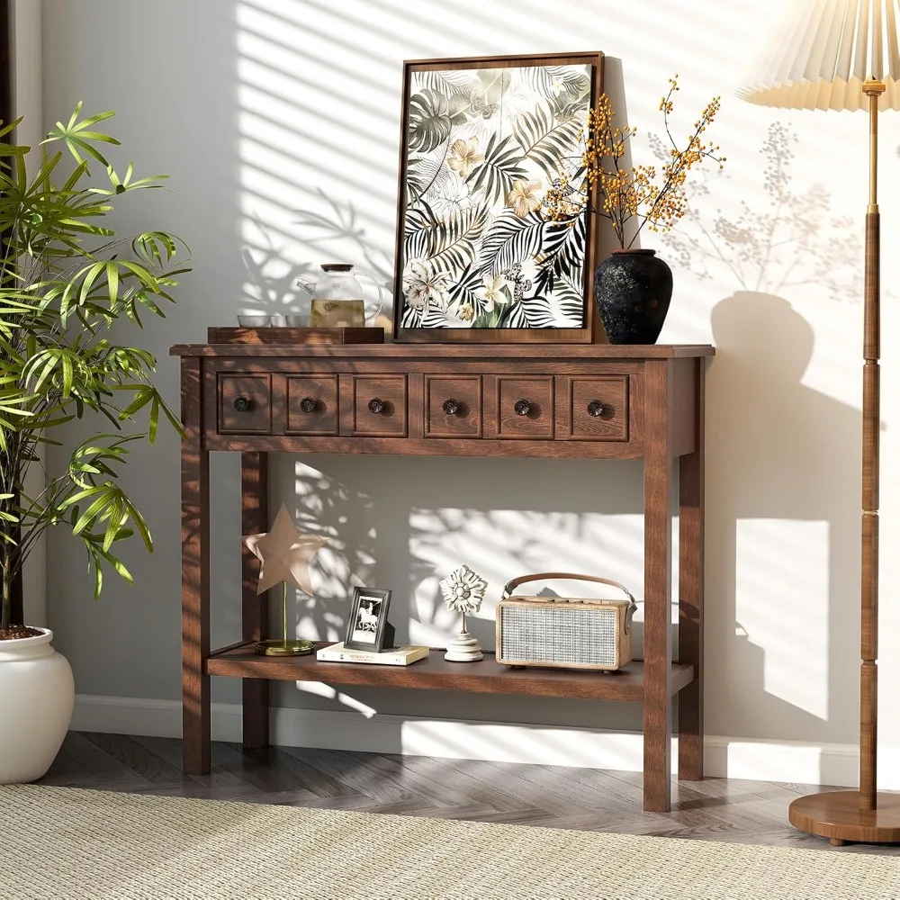 

Narrow Console Table with 2 Drawers, 38” Rustic Sofa Table with Bottom Storage Shelf & Embossed Design, 2-Tier Vintage