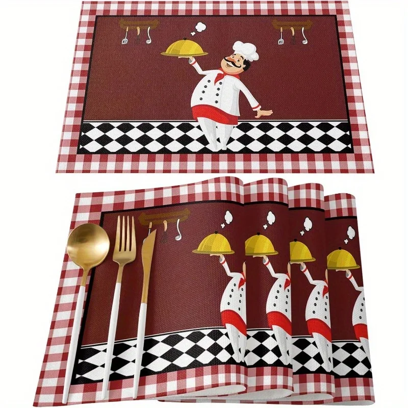 Cartoon Chef Red Checkered Border Placemat, Non-Slip & Heat-Resistant, Daily Home Placemat