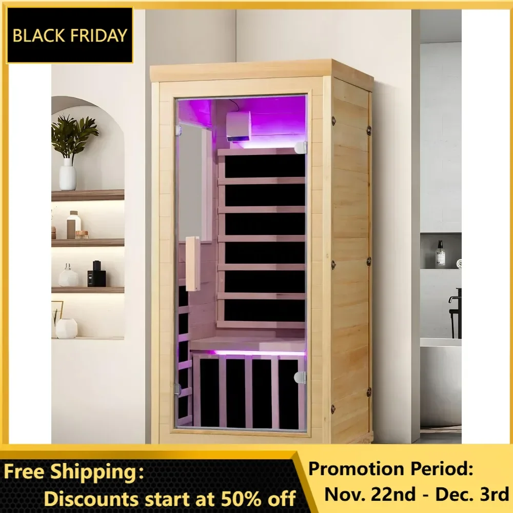 Infrared Sauna, Low EMF Wooden Dry Sauna Room with Bluetooth Speakers, LCD Control Panel, Tempered Glass Door, 7 Colors Lighting