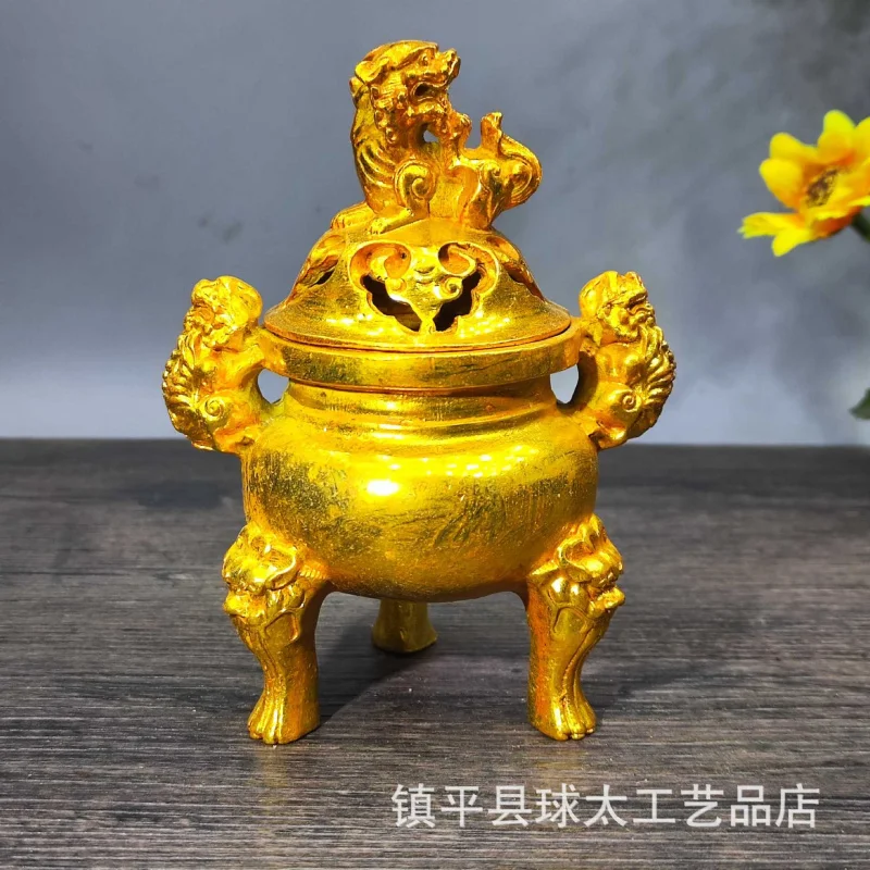

Copper Incense Burner Decoration Creative Lotus-Shaped Sitting Lion Sandalwood and Incense Burner Gilding Carved Household Incen