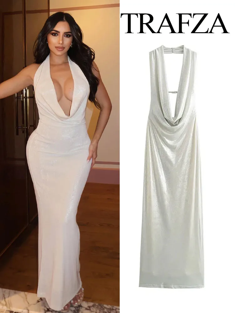 

TRAFZA Summer New Fashion Women Sexy Long Dress Solid Halter Neck Sleeveless Backless Decorate Female Elegant Slim Dresses