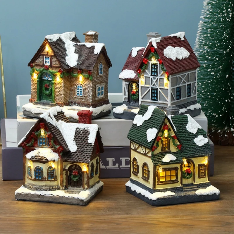 

LED Luminous Resin House Village Ornament Figurines Decoration Snow View House Holiday Christmas Glow Ornaments Home Party Decor