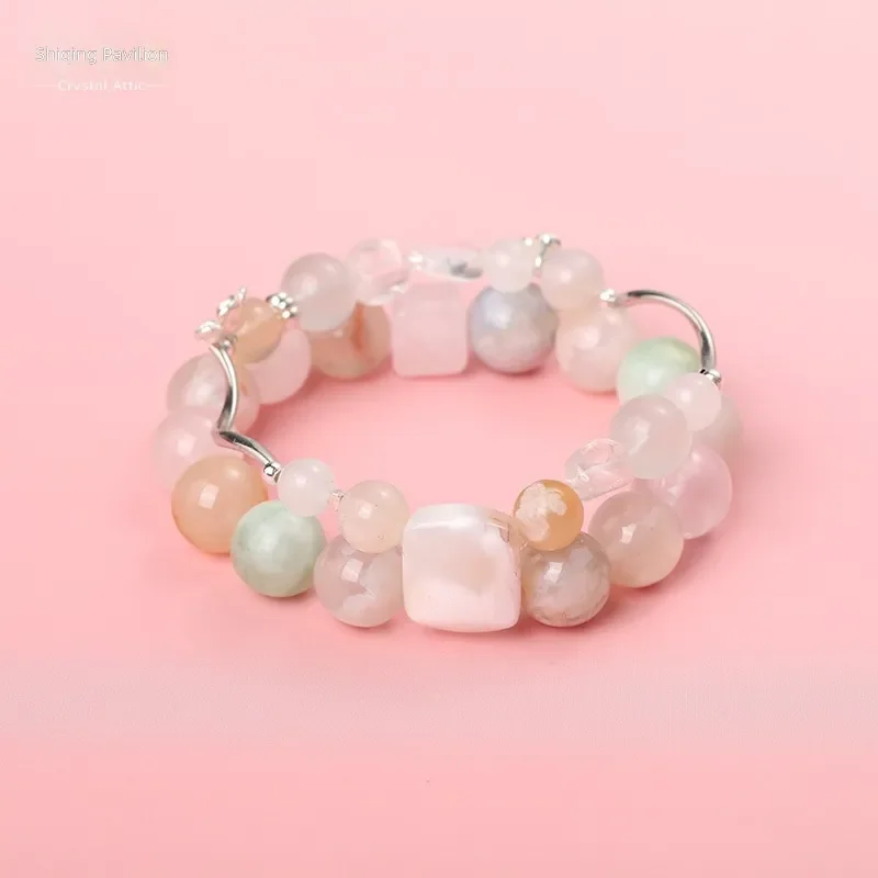 Natural horse powder crystal bracelet, cherry blossom agate women's bracelet, peach blossom French light luxury Duobao design