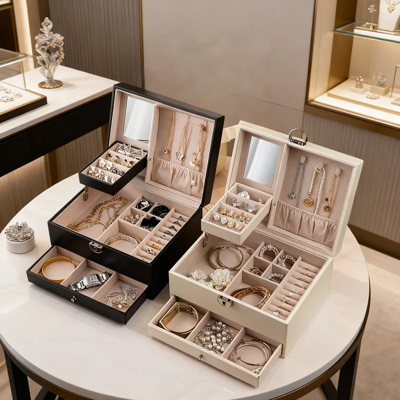 Rectangular bracelet jewelry organizer with embroidered drawers and locks for earrings, rings, necklaces - gift boxes