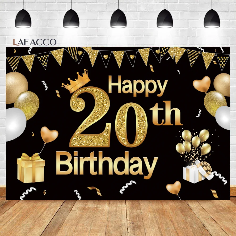 Laeacco Black Glitter Gold Photo Backdrop Surprise Balloons Adult 20th Birthday Party Portrait Customized Photography Background