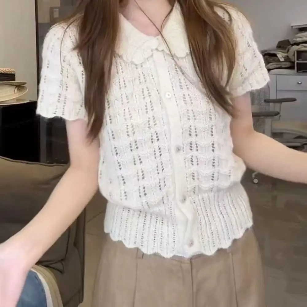 Openwork Texture Short Sleeve Knit Shirt Button Front Peter Pan Collar Knit Cardigan Cropped Style Women's T-shirt Daily Wear
