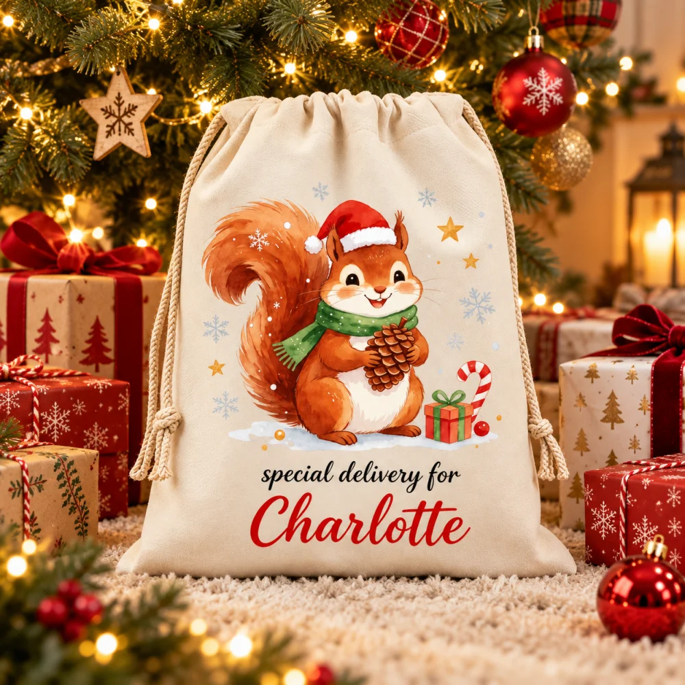 1Pc Custom Name/Text Christmas Squirrel Imitation Hemp Gift Bags, Extra-Large Drawstring Bag, Party Candy Bags, Christmas Gift