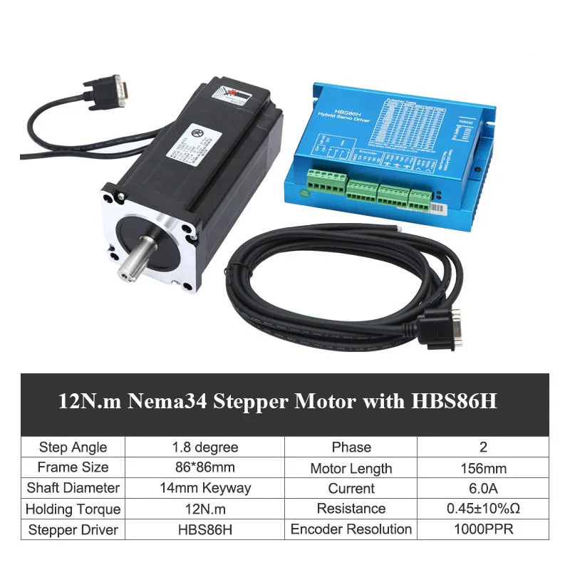 86HSE12N Nema34 Closed-loop Stepper Motor with High Performance Hybrid Stepper Driver HBS86H 3m Encoder Extension Cable Set CNC