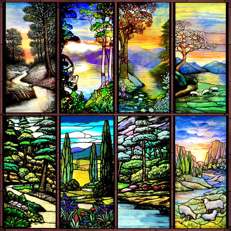 Custom Size Stained Glass Window Film,Frosted Privacy, Static Cling,Vintage Colorful Stickers, Bathroom, Office, Home Decor