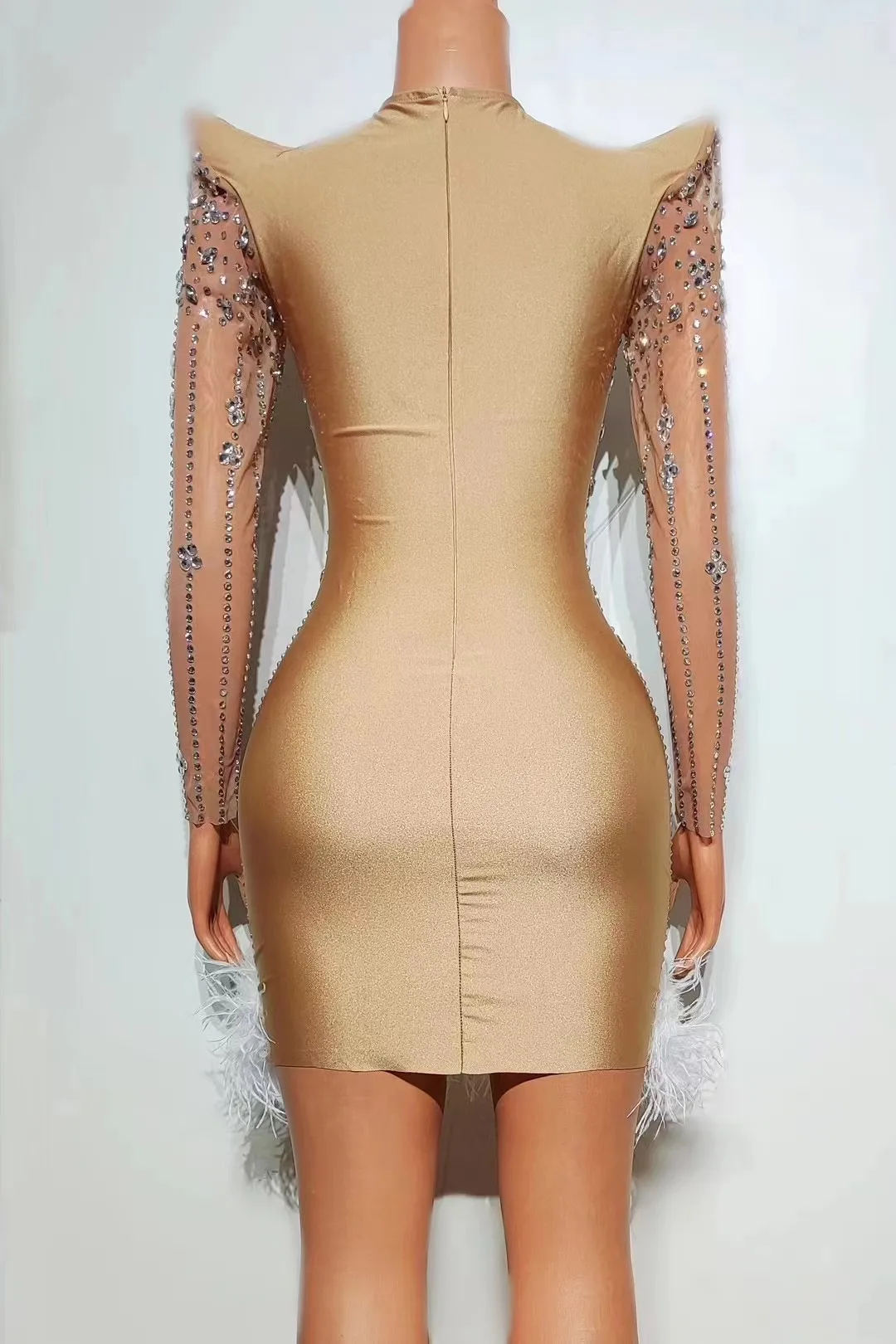 Sparkly Diamonds Feathers O Neck Long Sleeve Short Dress Evening Party Celebrate Nightclub Signer Performance Women Clothing