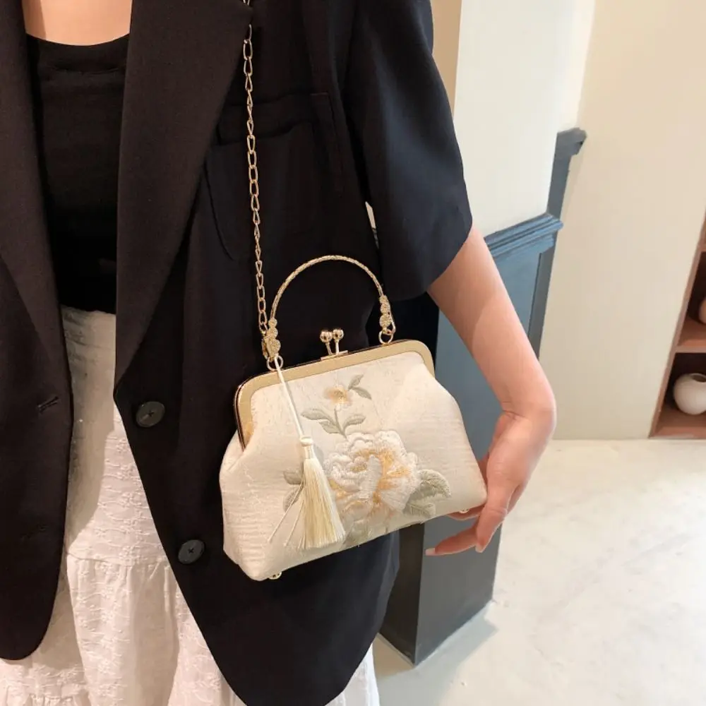 Chinese Style Handbag White Embroidered Peony Tassel Shoulder Bag Fashion Women\'s Bag