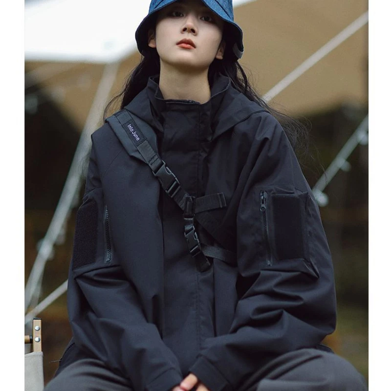 Deeptown Harajuku Fashion Black Jacket Women Oversize Anorak Gorpcore Techwear Jackets Korean Streetwear Outdoor Windbreakers