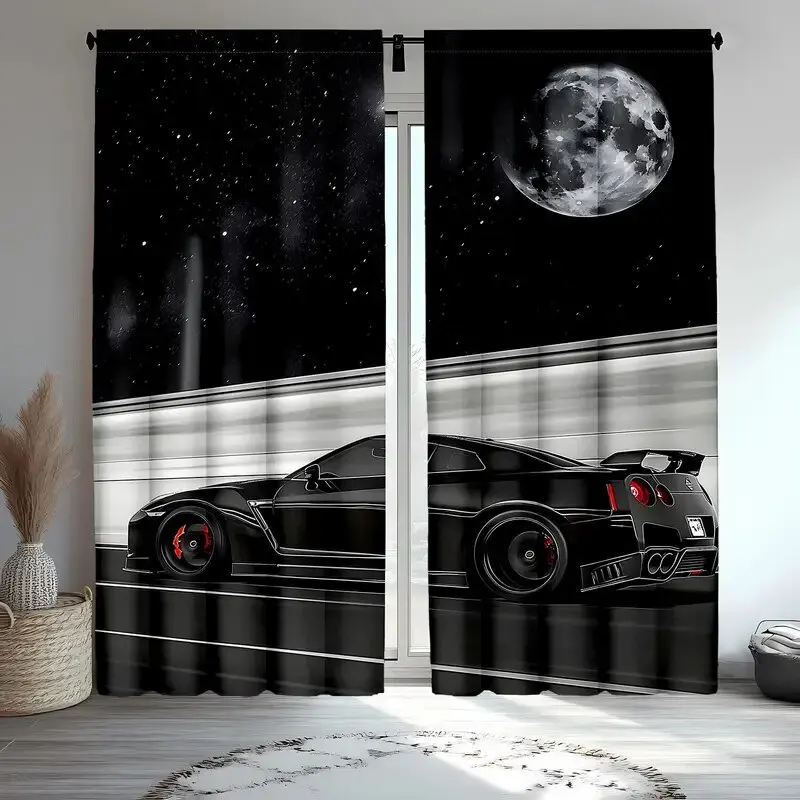 2pcs -Artistic style cars and the moon print curtains, pole bag curtains, home decoration, room decoration、30*65inch