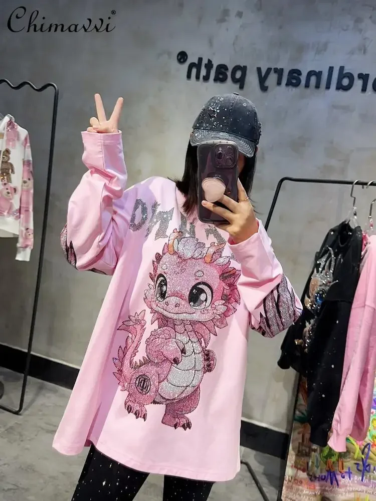 Autumn Heavy Hot Diamond Bottom Shirt Men's and Women's Pink Cartoon Dinosaur Big Wings Loose Sweet Cool Long Sleeve T-Shirt Top