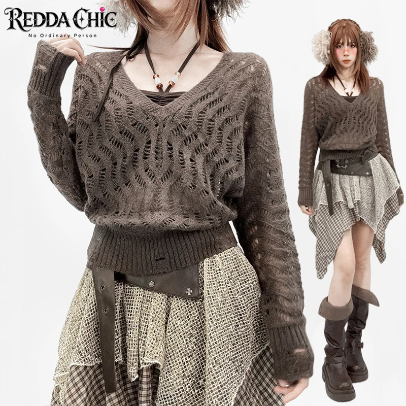 REDDACHiC 2-piece Hollow Sweater Women Set Brown Beaded Halter Shelf-bra Vest Long Sleeve Layered V-neck Jumper Top Fall Outfits