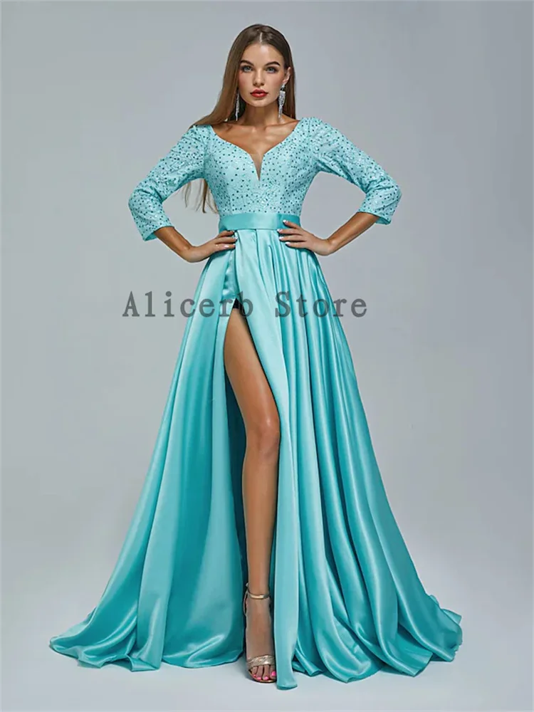 

Evening Gown Elegant Dress Engagement Length Sleeve V Neck Sequined with Sequin فساتين للمناسبات الرسمية فساتين طويلة