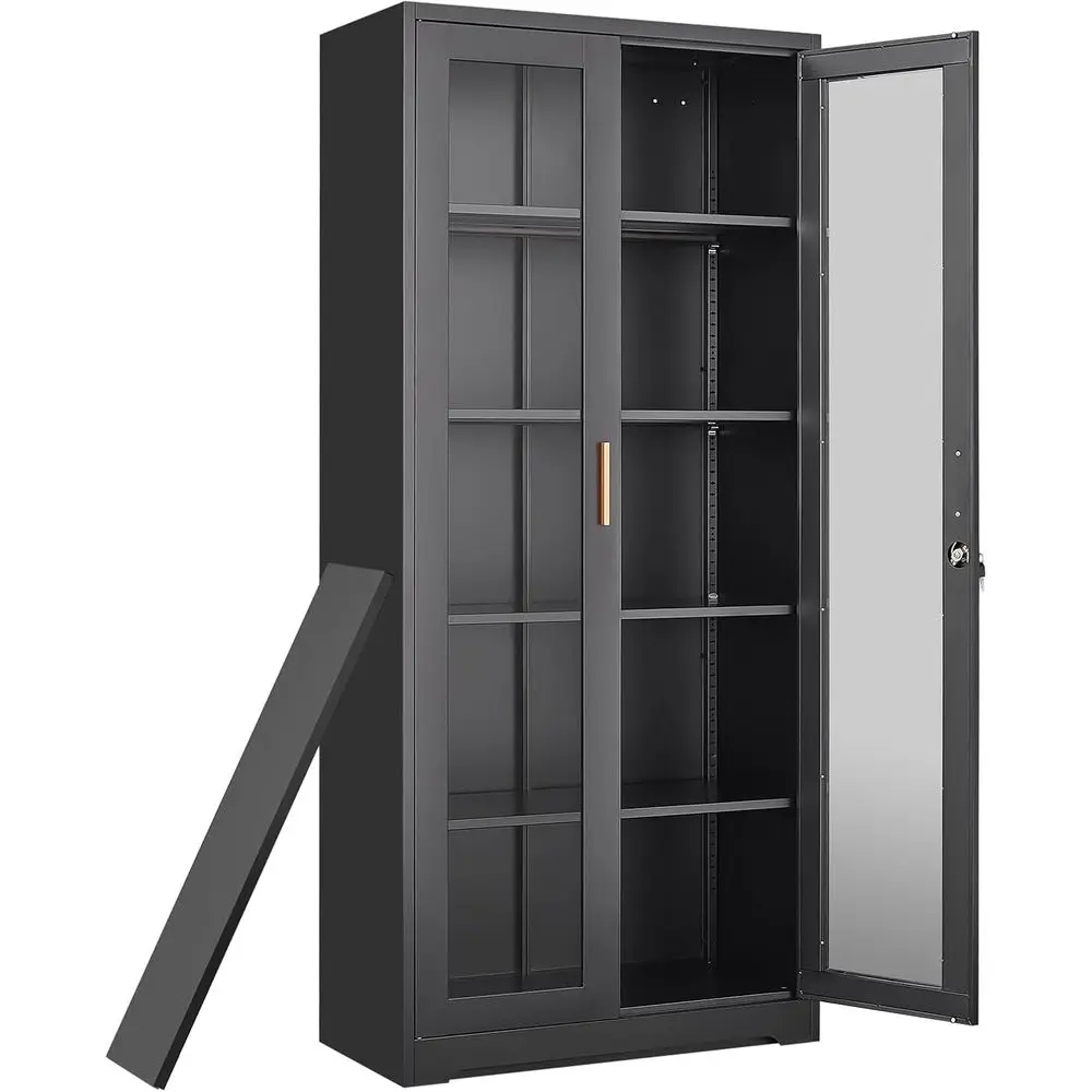 Curio Display Cabinet with Glass Do,71”H Metal Display Case with 4 Adjustable Shelves - Black China Storage Cabinet or Collectib