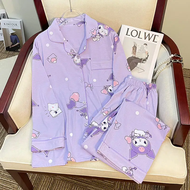 

Sanrio Pajamas 2Pcs Kuromi Cute Long Sleeve Japanese Spring and Autumn Fashion Outdoor Wearing All-Match Home Clothing Pants Hot