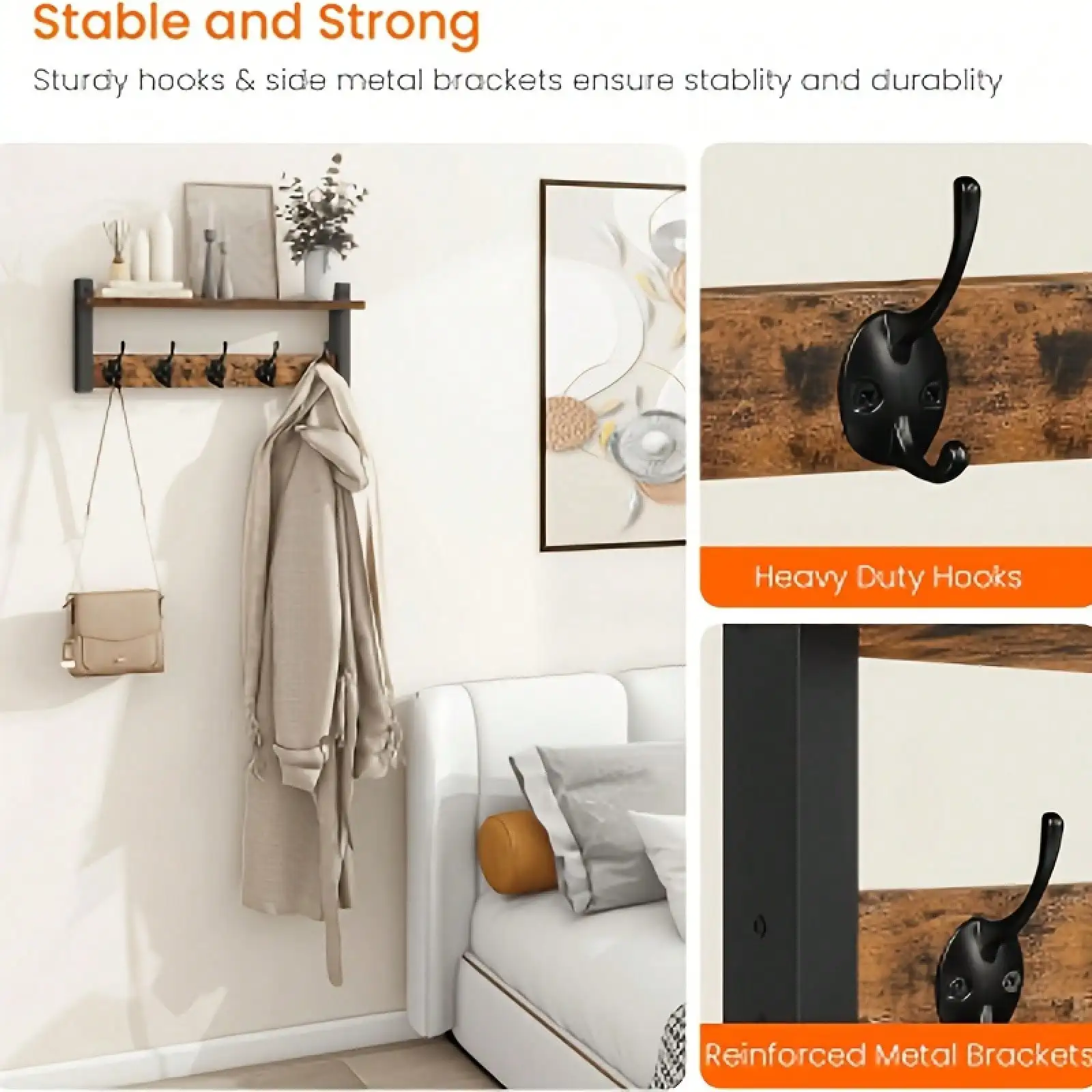 Solid Wood Retro Coat Rack (Wall-Mounted, Hooks), Floating Shelf For Bathroom/Kitchen