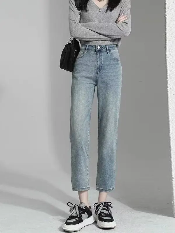 

Джинсы женские с высокой талией, прямые, эластичные, утягивающие, светлые, укороченные (до щиколотки), больших размеров, узкая версия...