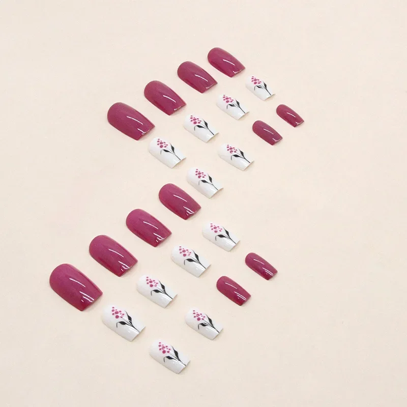 24pcs/set Square Rose Red Purple Flower Press on Nail False Nails for Girls Fake Nails with Design Artificial Nails Short Cheap