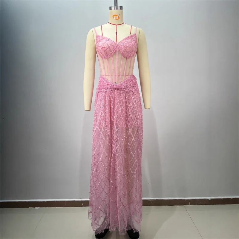 New Arrival Sequin Quilted Embroidery Pink Sheer Mesh Puffy Long Dress Elegant Party Wedding Gown