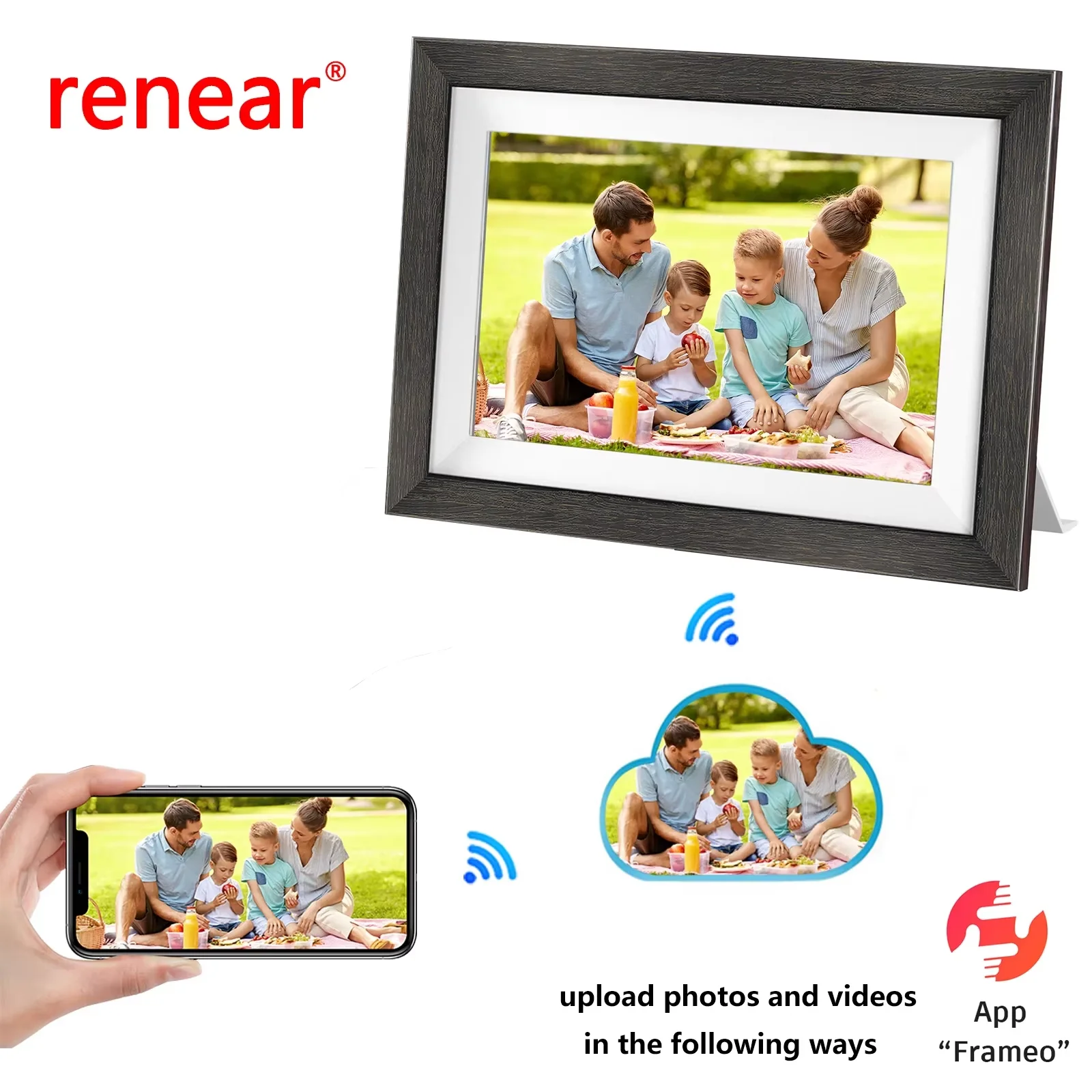 WiFi 10.1 Inch Digital Picture Photo Frame 1280x800 IPS Touch Screen 32GB Frameo Smart Photo Frame APP Control Detachable Holder