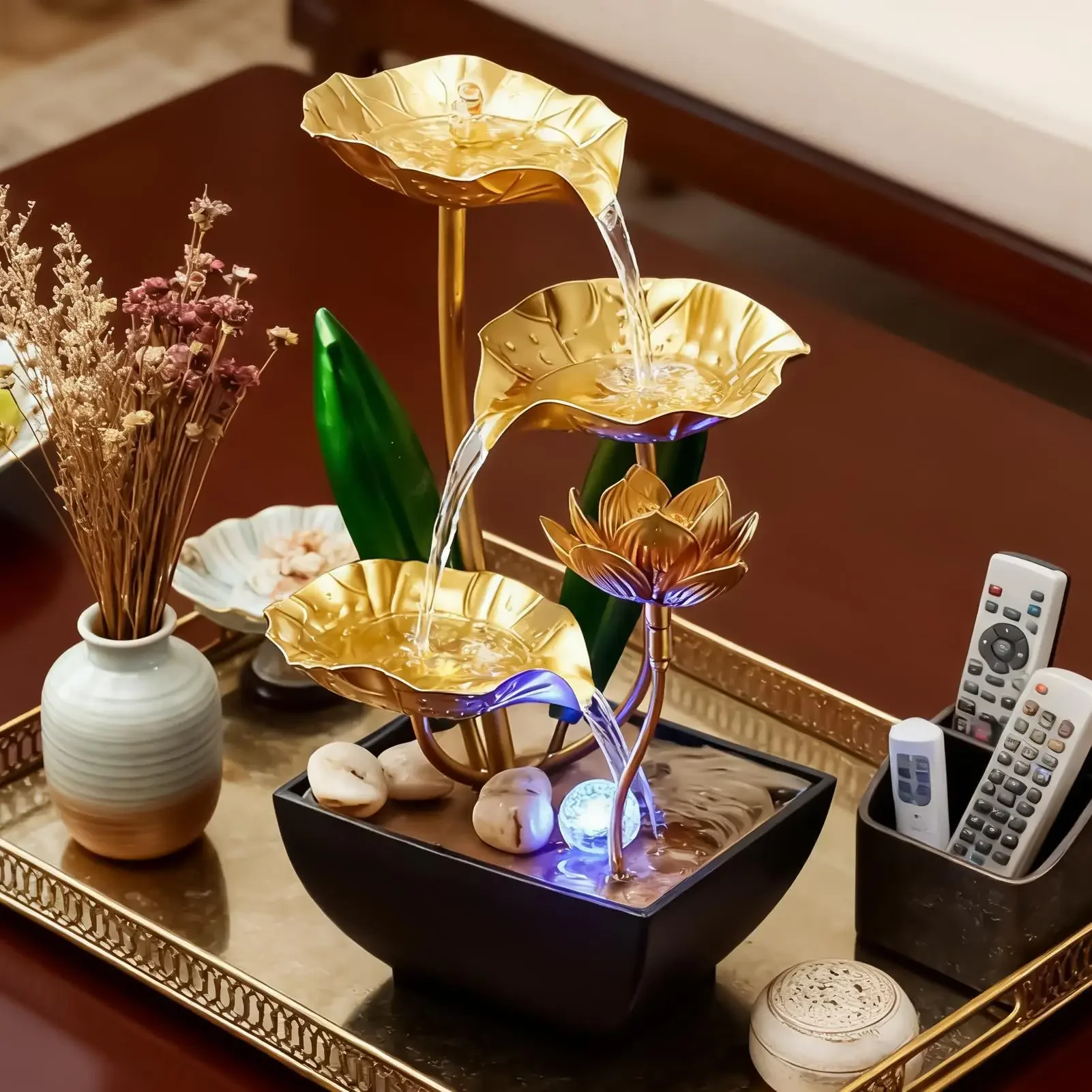 Lotus Leafs Waterfall Fountain Ornament Zen Relaxation Soothing Led Desk Light Water Fountain with Stream Sounds for Bedroom