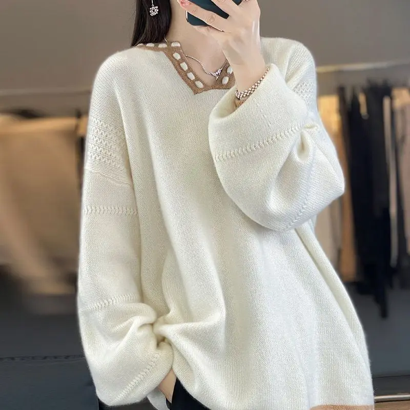 

Korean Loose Lazy Style Sweater Base Top Autumn Winter Contrast V-neck Knitted Sweater Women's Top