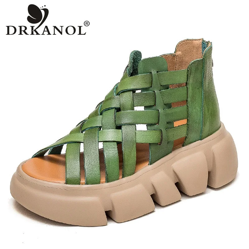 DRKANOL 2024 Women Gladiator Sandals Summer Cool Boots Luxury Gesign Genuine Leather Woven Wedges Platform Casual Roman Sandals