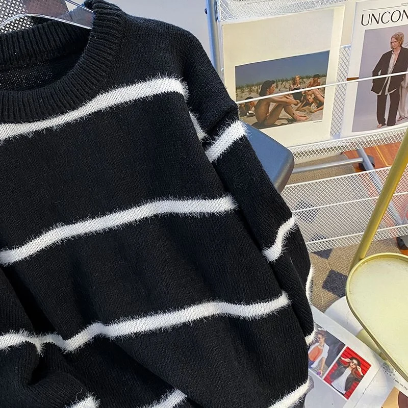 

Men's round Ne Knit Sweater Stripe Pattern Loose Fit Casual Sle Inner Wear Autumn Winter New Arrival Polyester Fiber