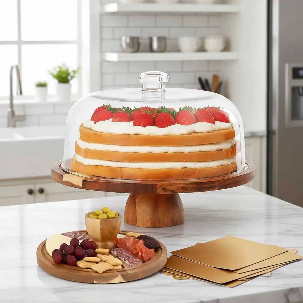 

12-дюймовая круглая подставка для торта из акации с акриловой крышкой и 5 дополнительными листами для торта, деревянная доска 2-в-1 для торта и закусок