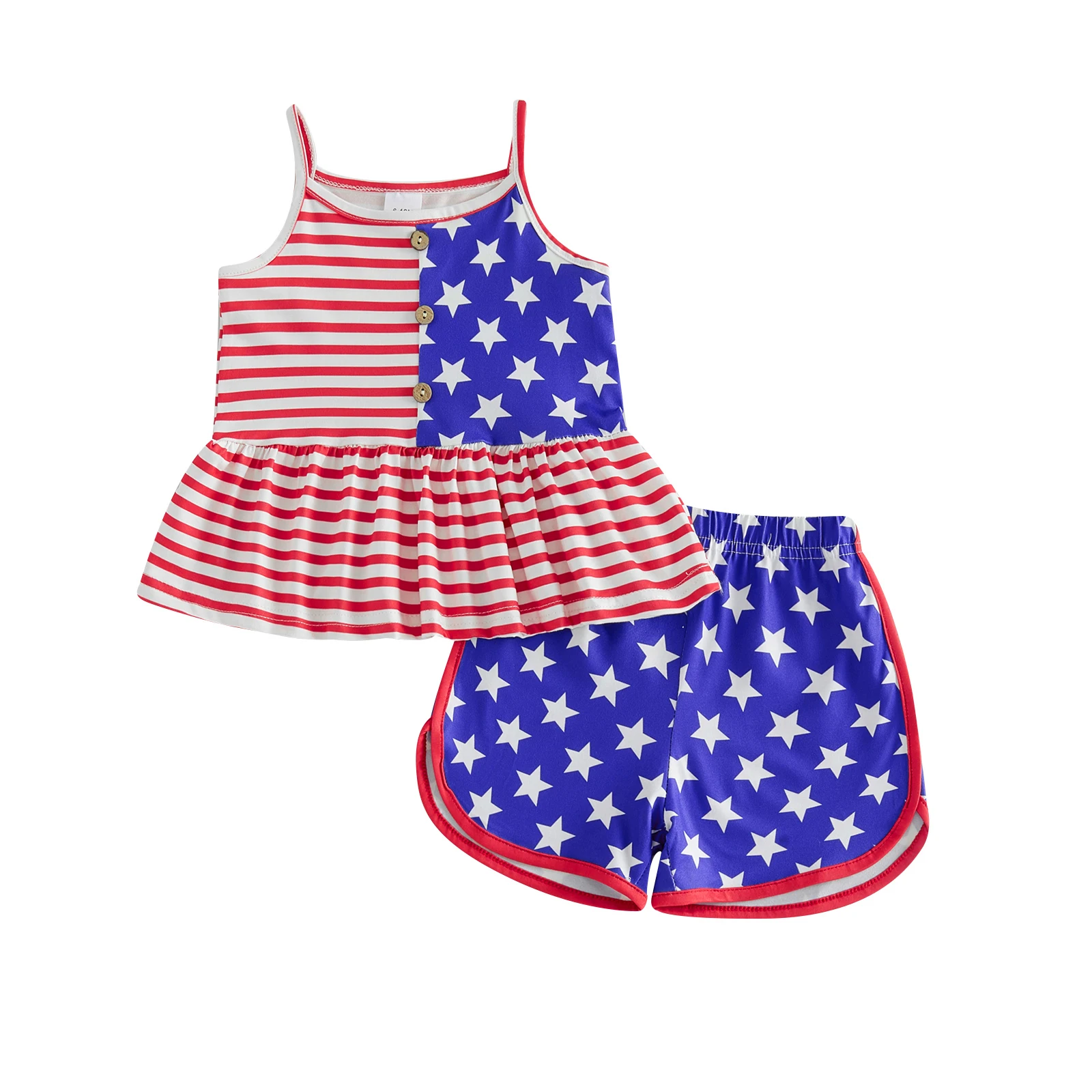 Toddler Girls Independence Day Outfits Sleeveless Star Striped Print Babydoll Cami Tops and Elastic Waist Shorts Set