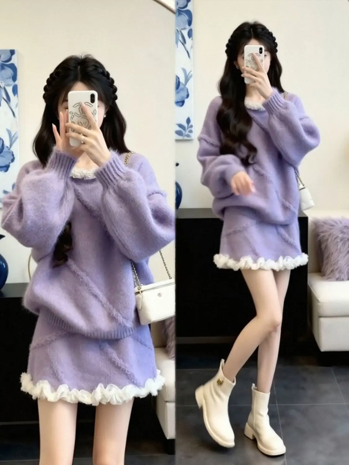 

Women's Knitted Sweater Set with Lace Hemline Half Skirt Two-Piece Autumn Winter Fashion Gentle Style Purple Color