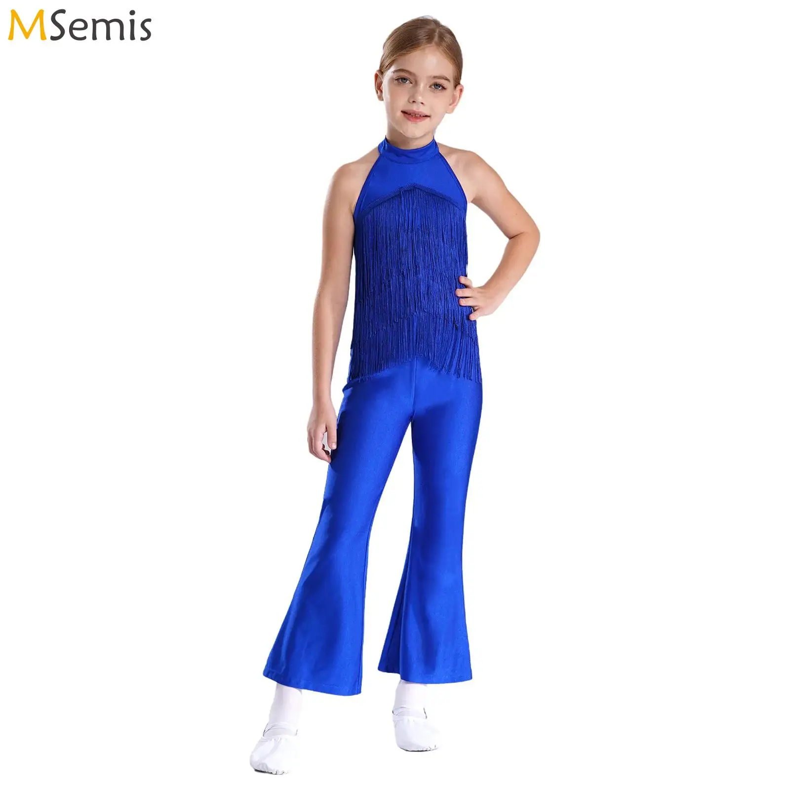 ละติน Cha-Cha Tango Dance Halter Jumpsuit STAGE Performance แขนกุด Backless พู่ Bell-Bottom Fringed Bodysuit