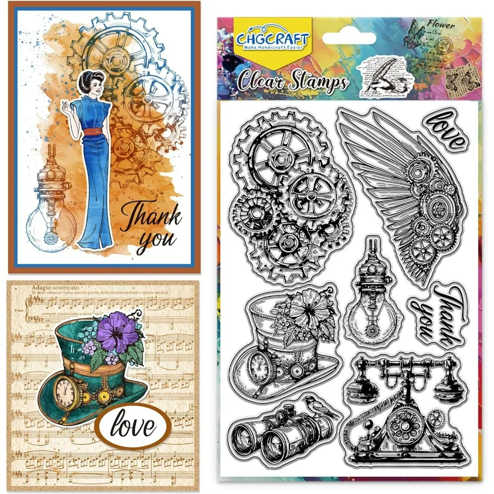 Retro Punk Gear Clear Stamp Silikon Clear Stamps Transparente Bastelstempel für DIY Scrapbooking Fotoalbum Dekorativ