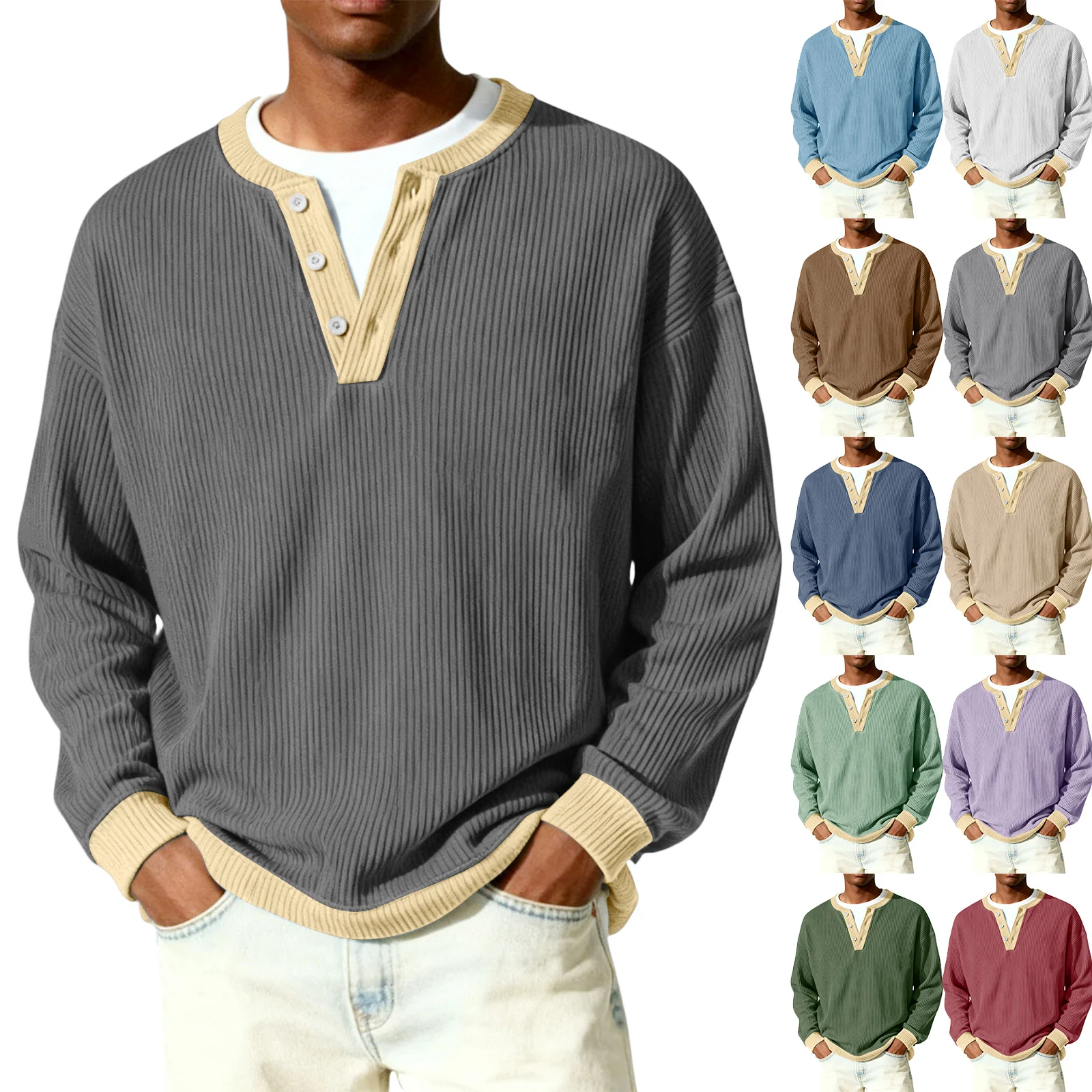 

Men'S Henry Button Collar Hoodie Color Blocked Long Sleeved Threaded Pullover Sweater Spring And Autumn Men'S Knitted Sweater