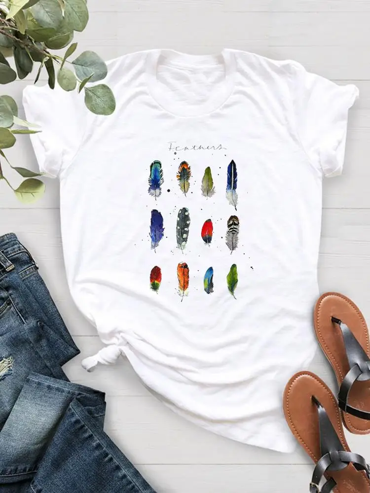 

Print T-shirts Feather Letter 90s Cute Women Casual Female Short Sleeve Ladies Fashion Clothing T Clothes Graphic Tee