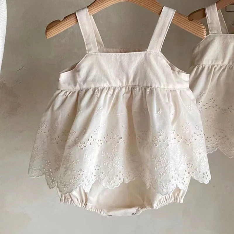 2024 New Baby Sleeveless Lace Bodysuit Solid Newborn Toddler Jumpsuit Infant Girl Sling Overalls Baby Girl Dress 0-24M