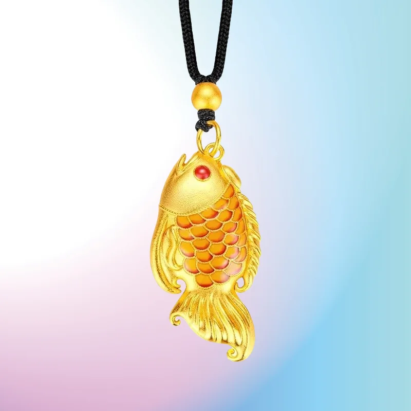 

new 9999 Real Gold 24K Enamel Color Good Luck Koi Pendant New Chinese Gold Rich Goldfish Woven Necklace